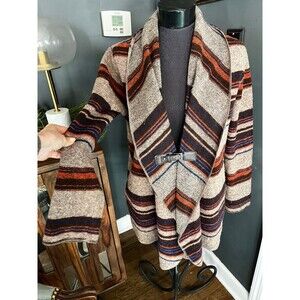 Fenn Wright Studio saddle Blanket Sweater Brown Stripe shawl Collar sz L